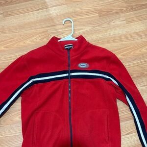 Red Fleece Jacket with Striped Detail